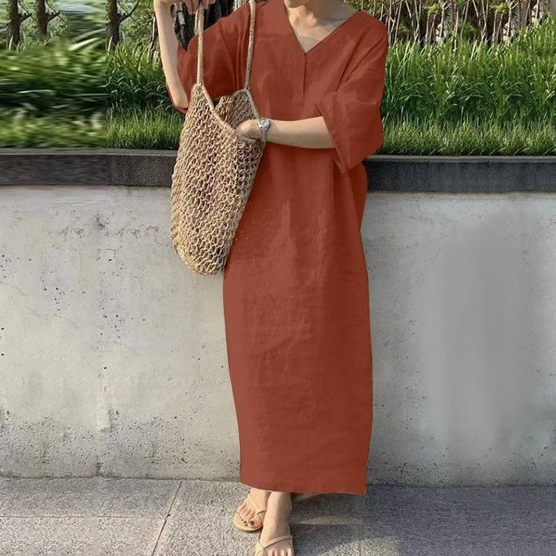 Women's Casual Linen Maxi Dress with V-Neck and Oversize Relax Fit