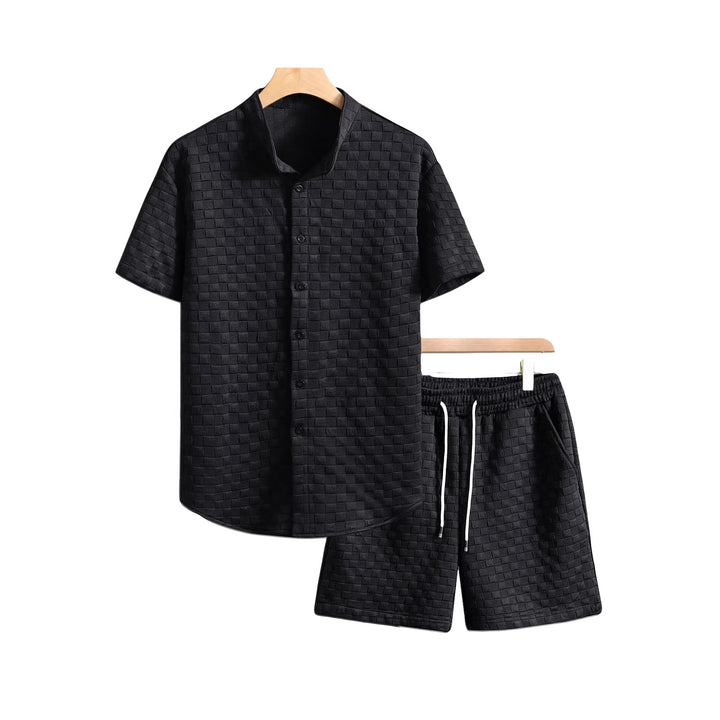 Men's two-piece summer ensemble with stand-up collar shirt jacket and elastic comfort shorts in embossed checked texture Mune Fashion