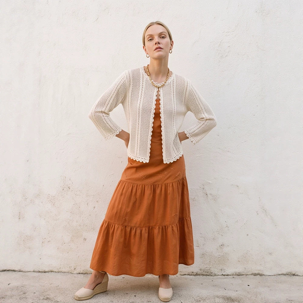 Women's crocheted short jacket with wavy hem, open front & 3/4 sleeves Mune Fashion