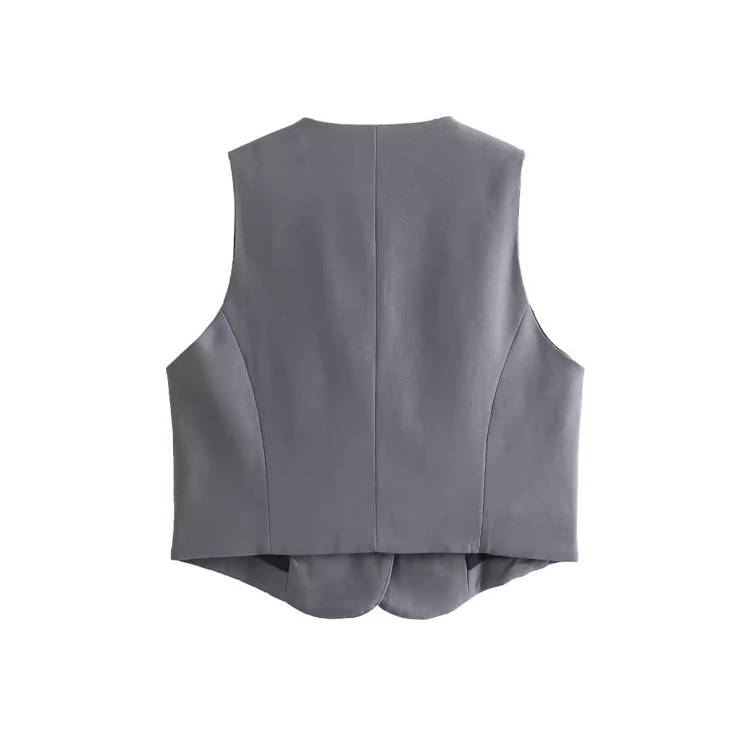 Women's tailored business vest with V-neckline and piped insert pockets Mune Fashion