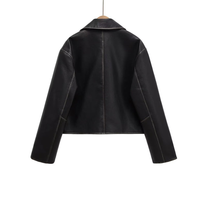 Women's Short Boxy Leather Look Jacket with Zip and Large Flap Pockets Mune Fashion