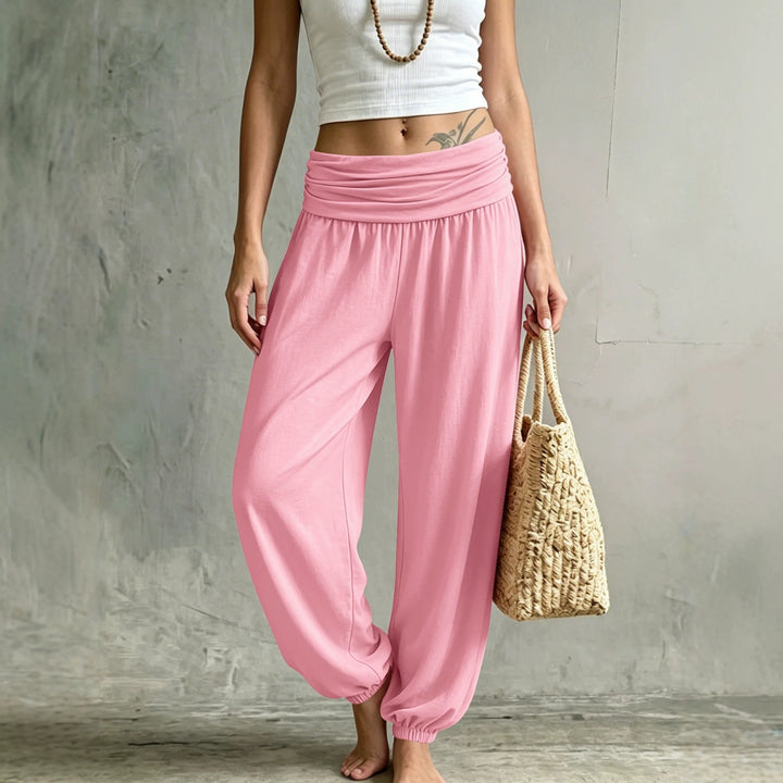 Women's Palazzo-Harem Pants with Gathered Wraparound Waist and Elastic Cuffs Mune Fashion