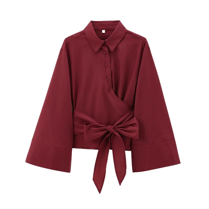 Women 200+ elegant wrap blouse with wide kimono sleeves and waist tie Mune Fashion