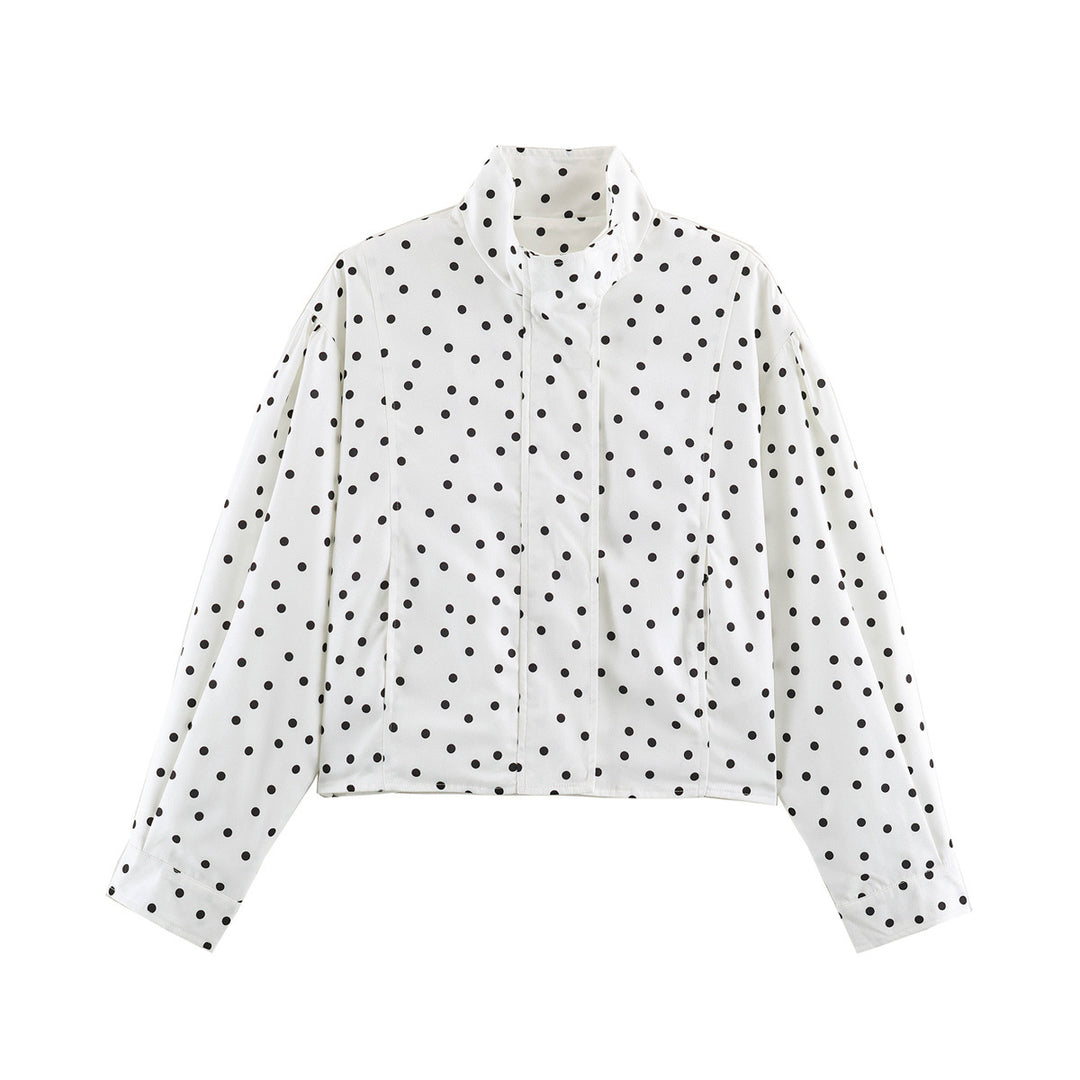 Women's Polka Dot Cropped Blouse with Stand Collar and Concealed Button Placket Mune Fashion