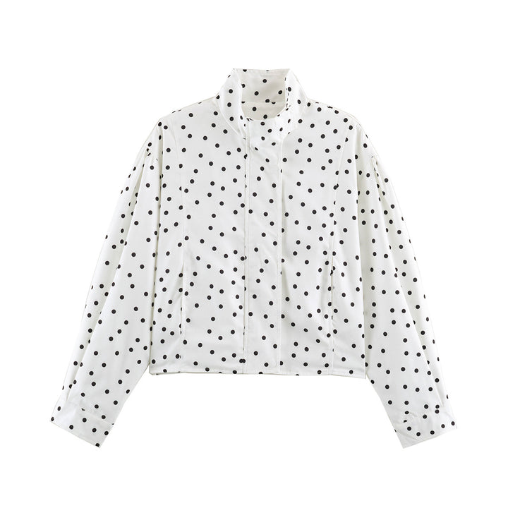 Women's Polka Dot Cropped Blouse with Stand Collar and Concealed Button Placket Mune Fashion