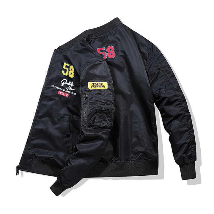 Men's bomber jacket in vintage motorsport look with sleeve utility pocket and patch applications Mune Fashion