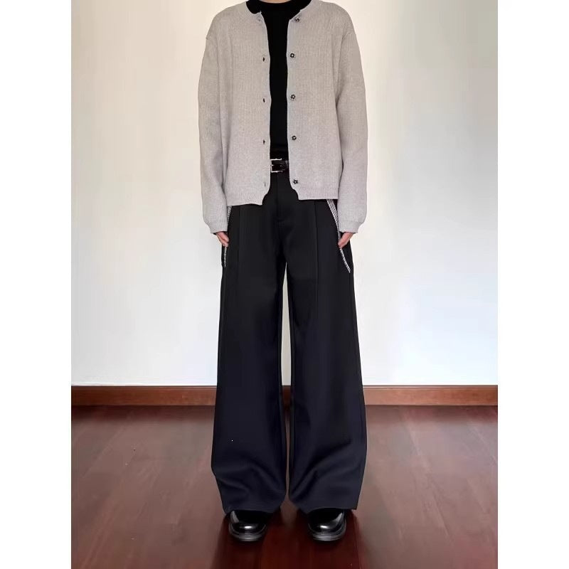 Men's Wide Suit Trousers with High Waist and Check Pattern Inserts Mune Fashion