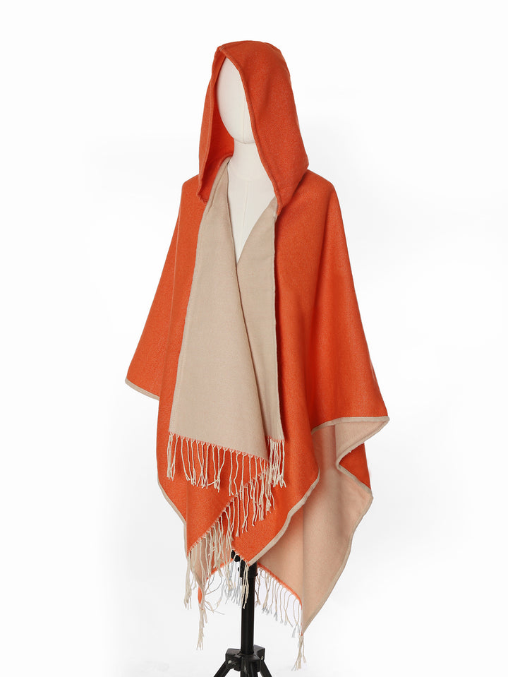 Women's hooded cape made of wool blend with reversible function and fringe hem Mune Fashion