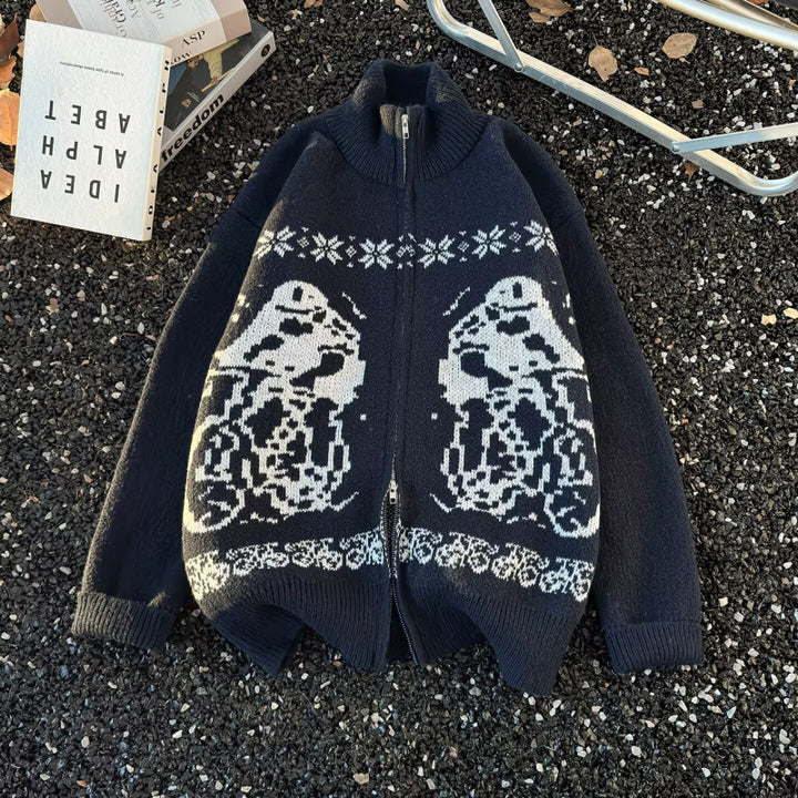 Unisex oversized cardigan with full zipper, high rib collar, and owl intarsia Mune Fashion