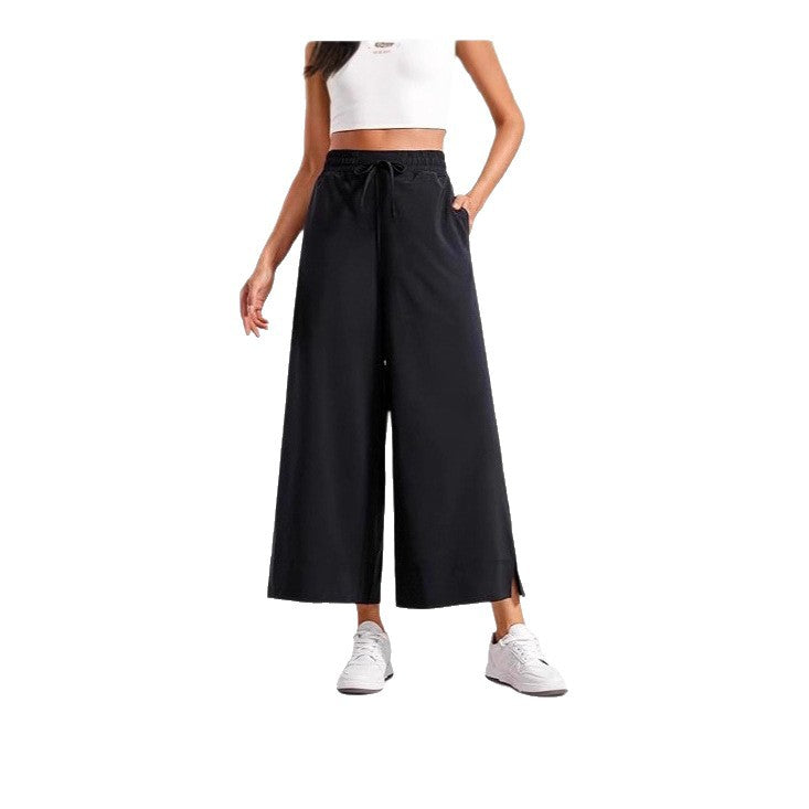 Women's wide culotte pants with elastic waistband, drawstring and side slits Mune Fashion