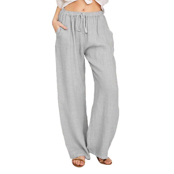 Women's Wide Linen Look Pants with Elastic Waistband, Drawstring and Side Pockets Mune Fashion