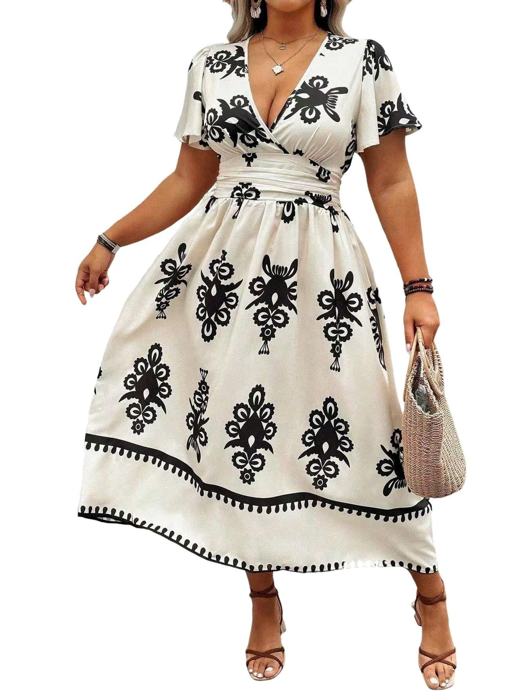 Women's Wrap Midi Dress with Tailored Draping and Decorative Border Print Mune Fashion