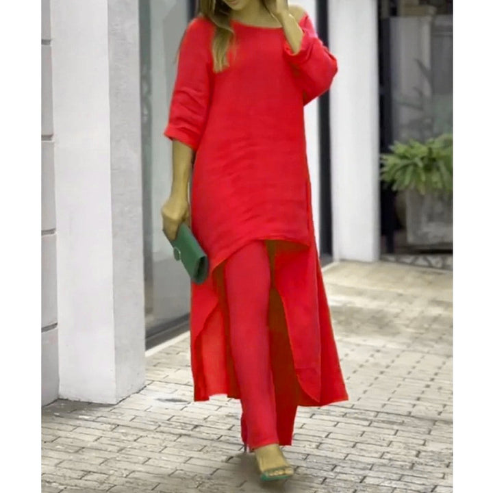 Women Lightweight Linen Two-Piece with Asymmetrical High-Low Tunic and Wide Palazzo Pants Mune Fashion
