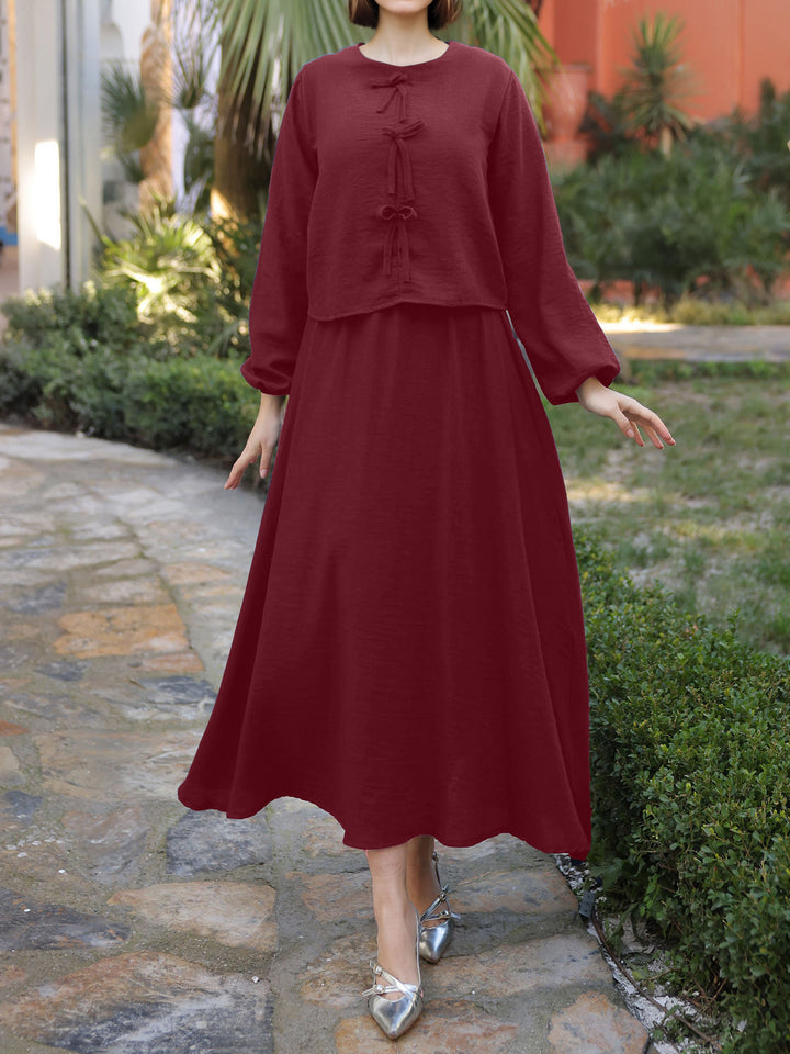 Ladies Long Two-Piece Maxi Dress with Overlay, Round Neck and Decorative Knot