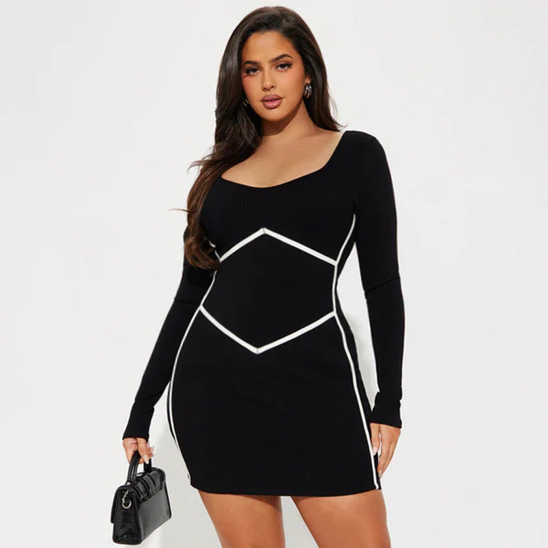 Women Ribbed Long Sleeve Mini Dress with Contrast Corset Seams and Boat Neck Mune Fashion
