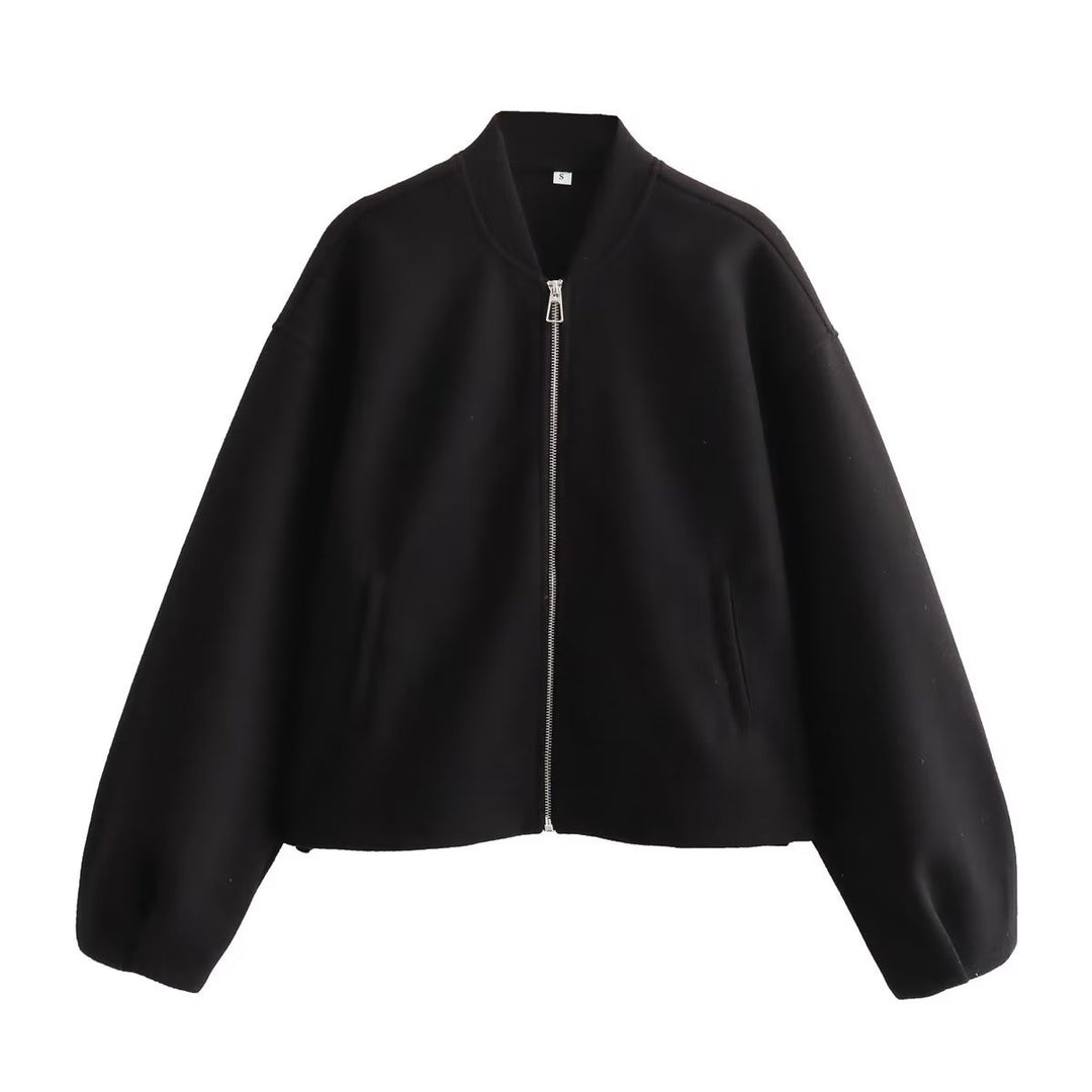 Women's short-cut minimalist bomber jacket with concealed two-way zipper and side pockets Mune Fashion