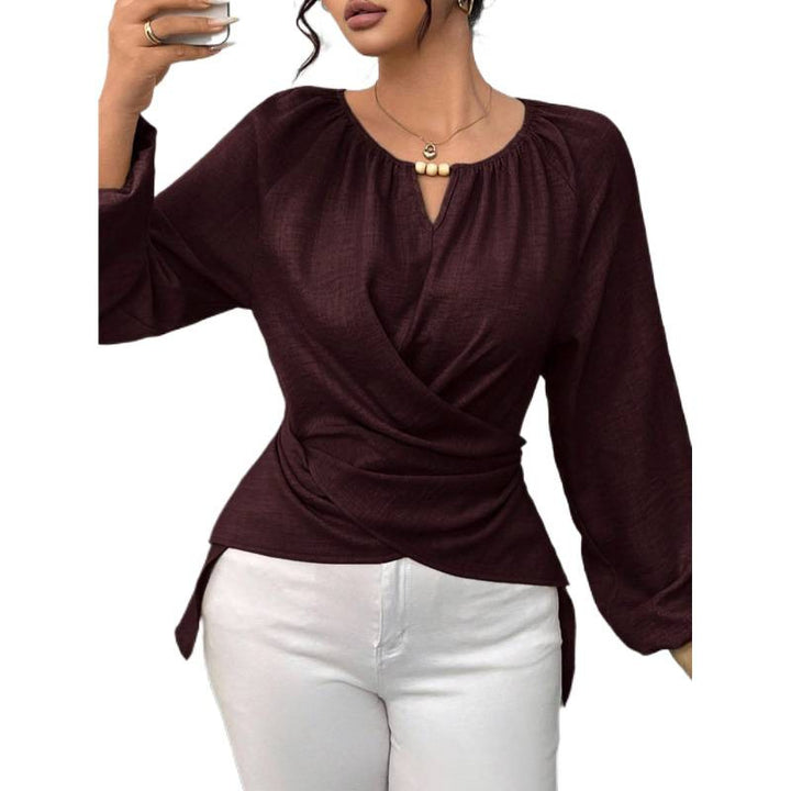 Women Tailored Wrap Blouse with Pearl Detail and Balloon Sleeves Mune Fashion