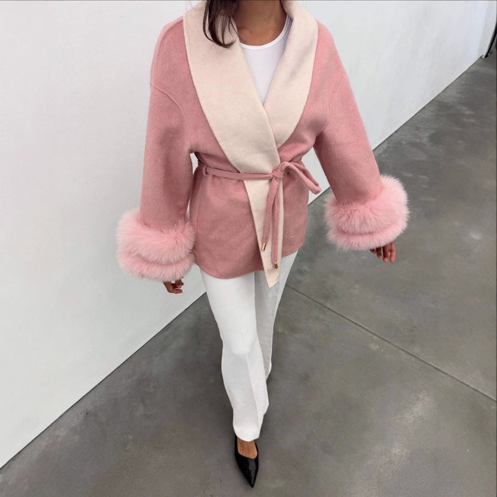 Women's short coat with wide shawl collar, belt and fur cuffs Mune Fashion