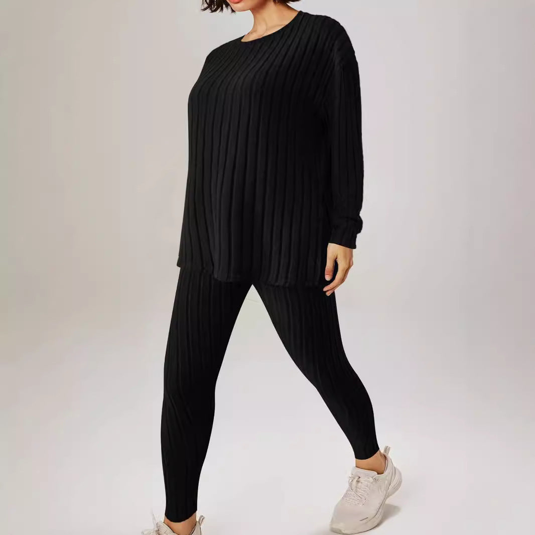 Women's Ribbed Relax Two-Piece Made of Fine Knit with Round Neckline and Slim Jogger Mune Fashion