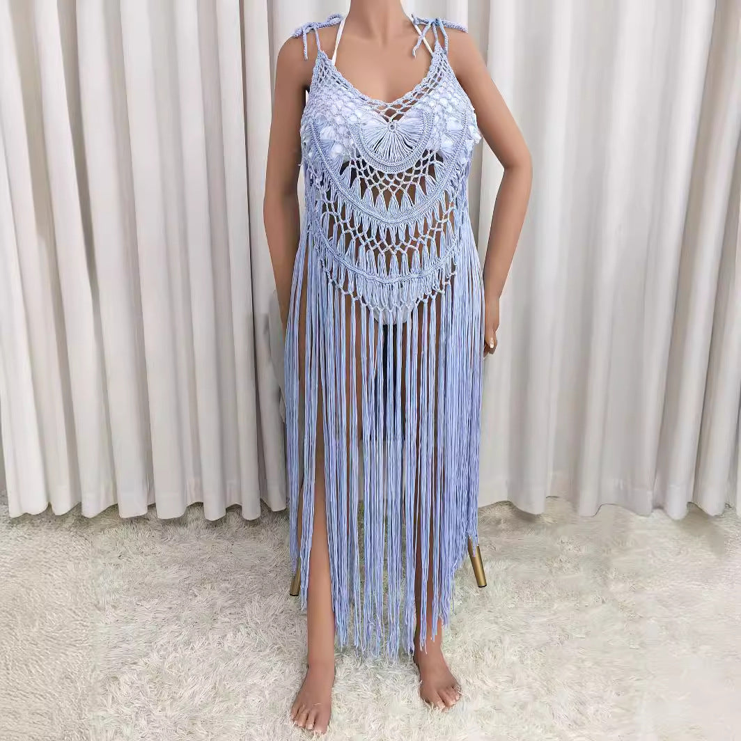 Women's Crochet Beach Cover-Up with Fringes and Decorative Pattern Mune Fashion