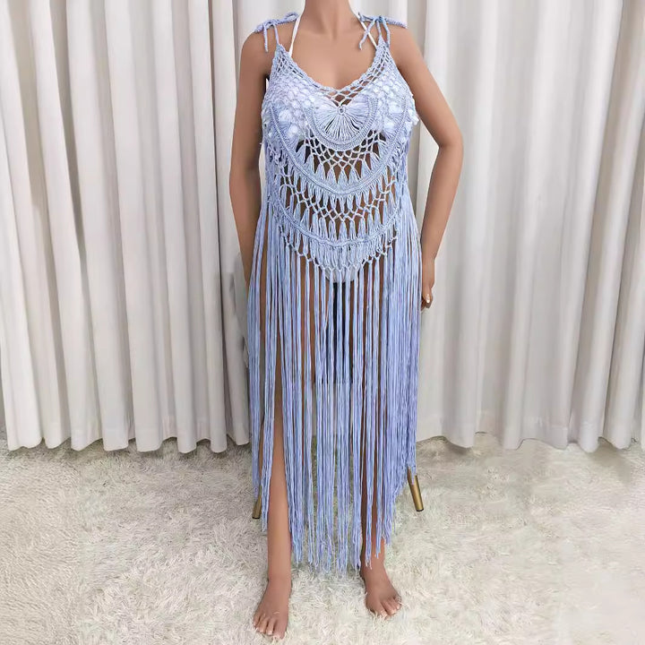 Women's Crochet Beach Cover-Up with Fringes and Decorative Pattern Mune Fashion