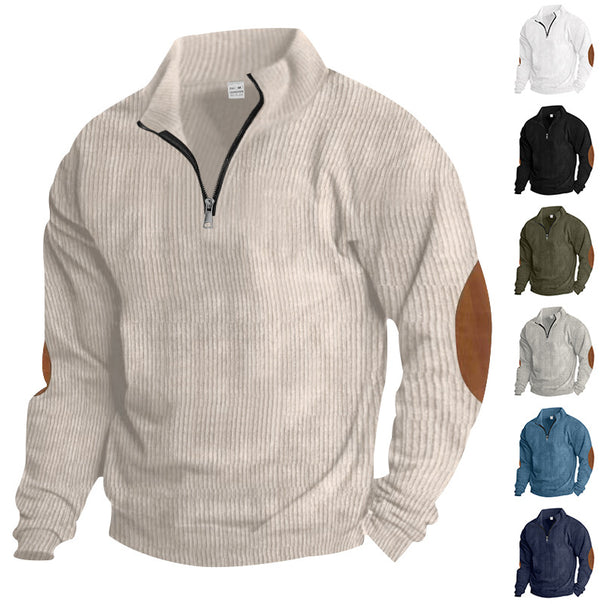 Men's knitted fine knit pullover with short zipper stand-up collar and leather-look elbow patches Mune Fashion