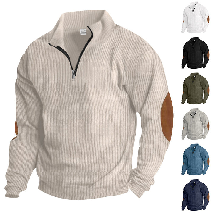 Men's knitted fine knit pullover with short zipper stand-up collar and leather-look elbow patches Mune Fashion