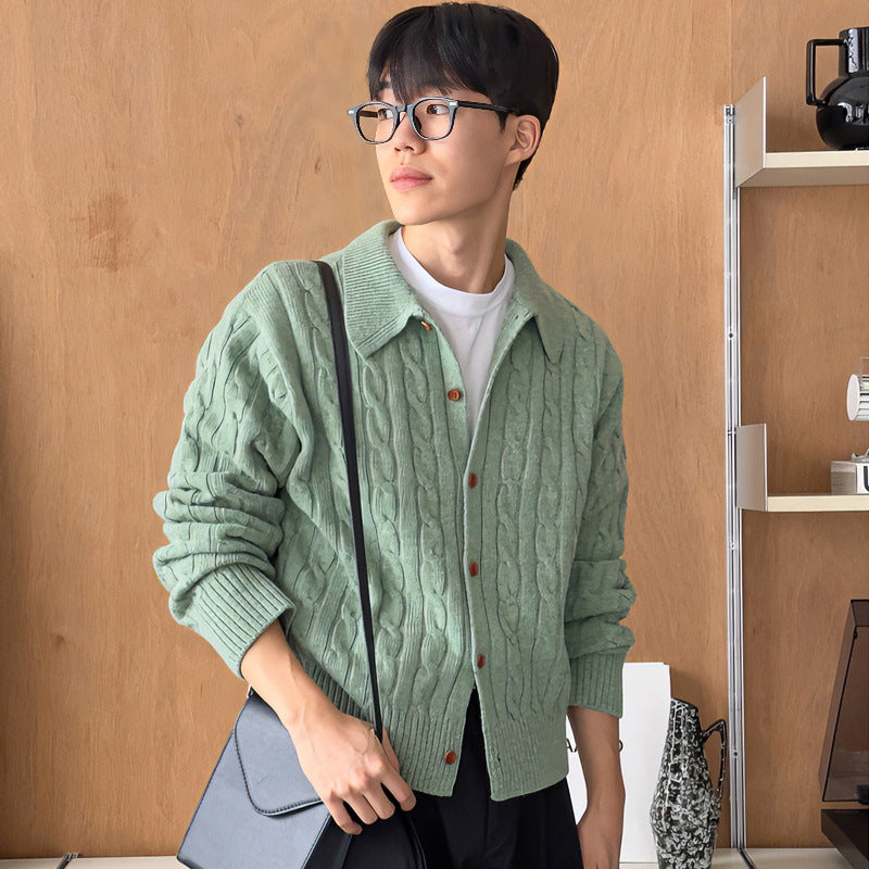 Men's cardigan with cable pattern, shirt collar and full button placket Mune Fashion