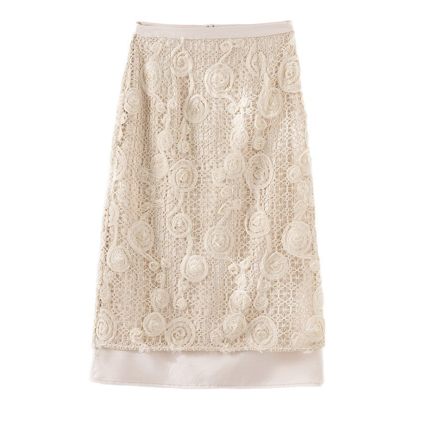 Women's lace midi skirt with floral crochet lace and opaque lining Mune Fashion