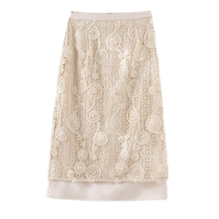 Women's lace midi skirt with floral crochet lace and opaque lining Mune Fashion