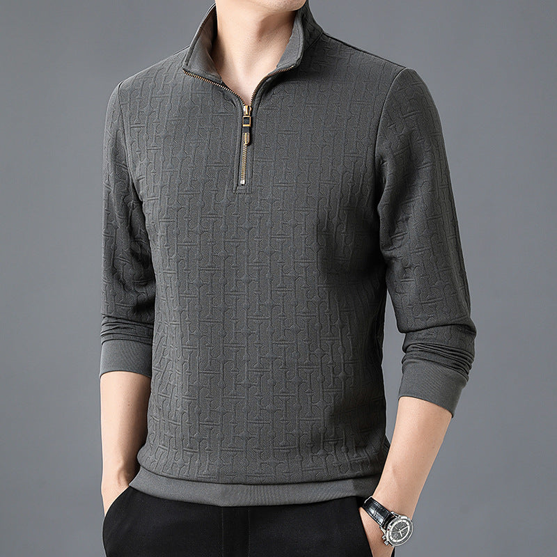 Men's Structure Jacquard Sweater with Short Zipper and Stand-Up Collar Mune Fashion