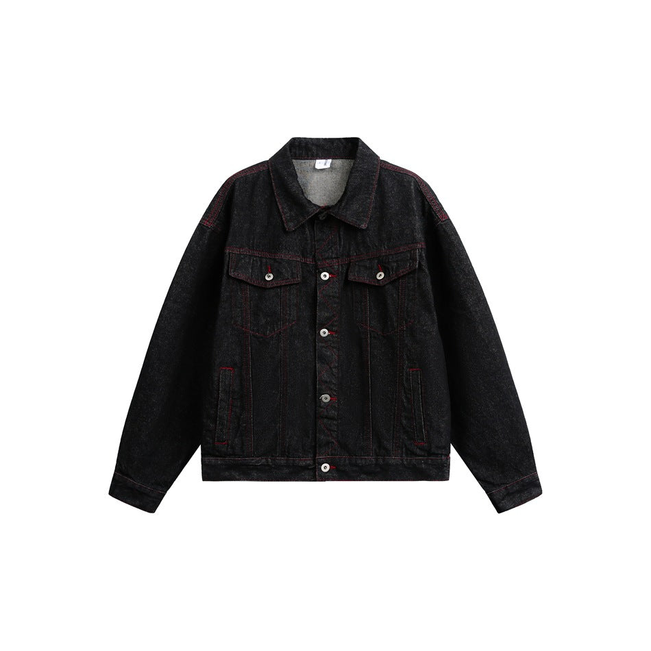 Men's Boxy Denim Jacket with Red Contrast Stitching and Metal Buttons Mune Fashion