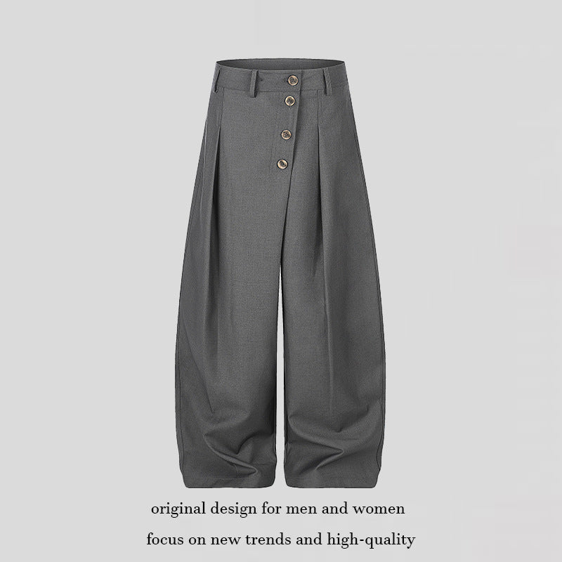 Women's Wide Palazzo Pants with High Waist, Pleats and Asymmetrical Button Placket Mune Fashion