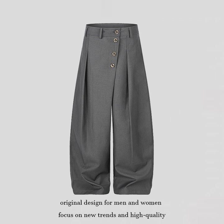 Women's Wide Palazzo Pants with High Waist, Pleats and Asymmetrical Button Placket Mune Fashion