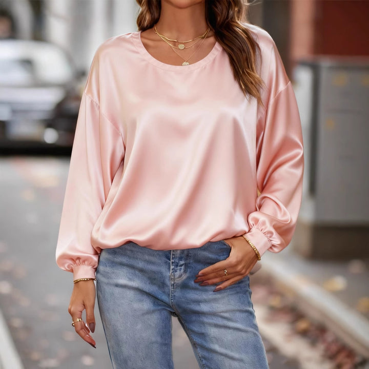 Women's Shiny Satin Blouse with Round Neckline and Balloon Sleeves Mune Fashion