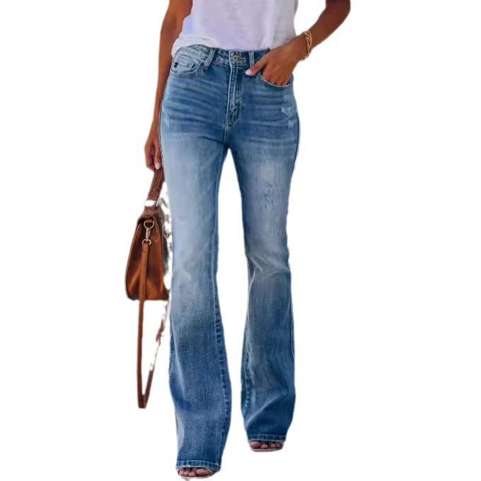 Women's high-waist flared jeans made of stretch denim with a light used look and body-hugging thigh Mune Fashion