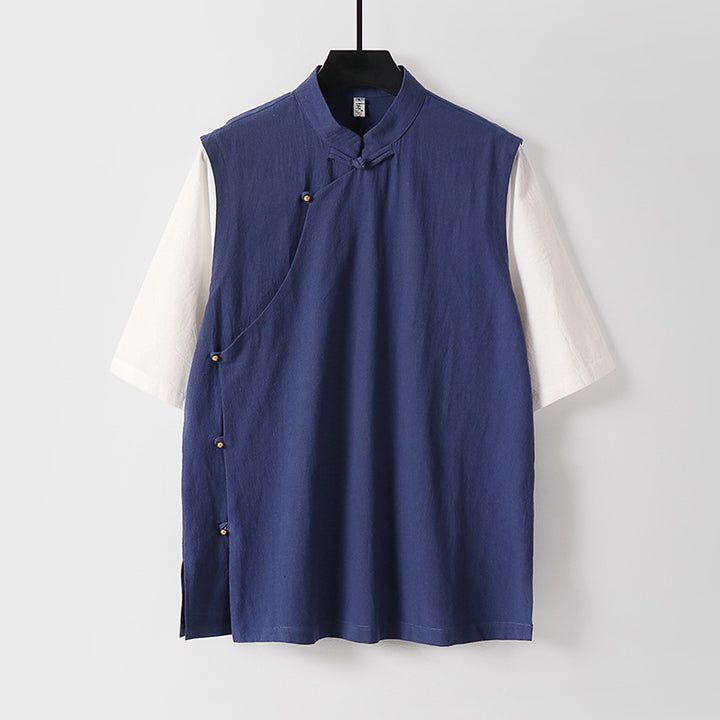 Men's Asymmetrical Linen Vest with Stand Collar and Side Button Placket Mune Fashion
