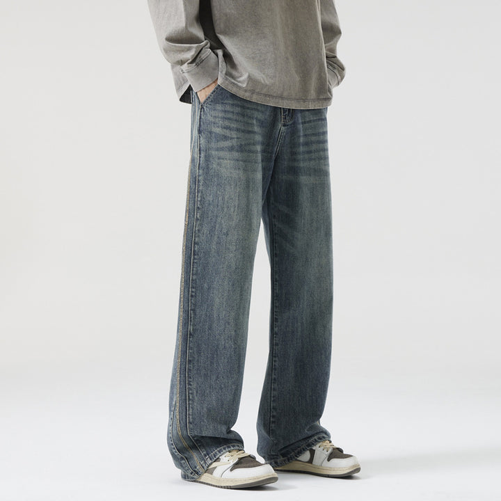 Men's Loose Vintage Denim Jeans with Wash and Straight Leg Mune Fashion