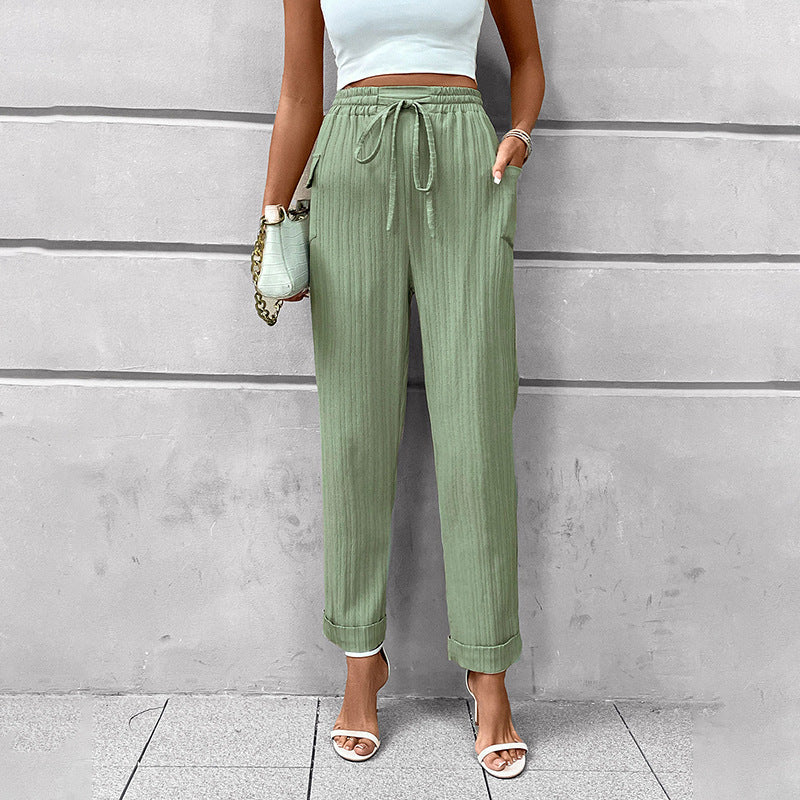 Women's Lightweight High-Waist Pants with Elastic Waistband, Drawstring, and Patch Pockets Mune Fashion