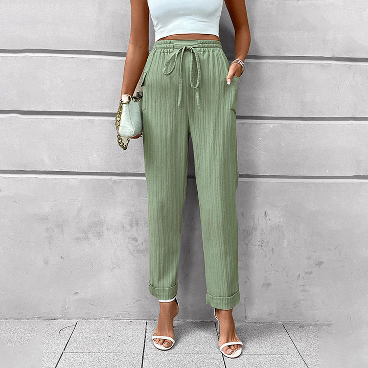 Women's Lightweight High-Waist Pants with Elastic Waistband, Drawstring, and Patch Pockets Mune Fashion
