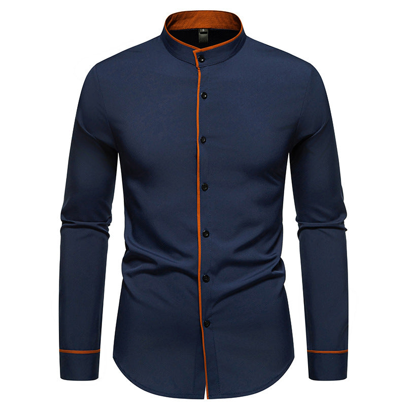 Men's slim fit shirt with stand-up collar, contrasting piping, and stretch cotton blend Mune Fashion