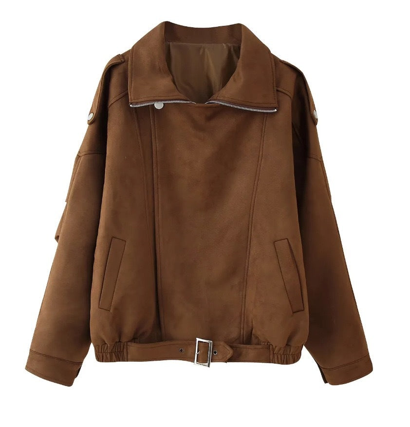 Women's oversized velour biker jacket with stand-up collar, shoulder flaps, and adjustable hip belt Mune Fashion