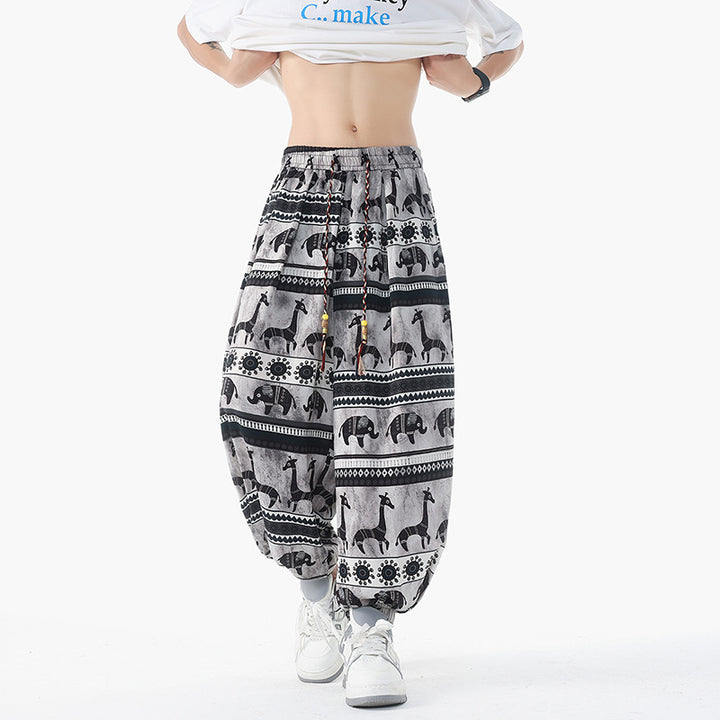 Women's casual pluder pants in ethnic print with elastic waistband, drawstring and smocked cuffs Mune Fashion