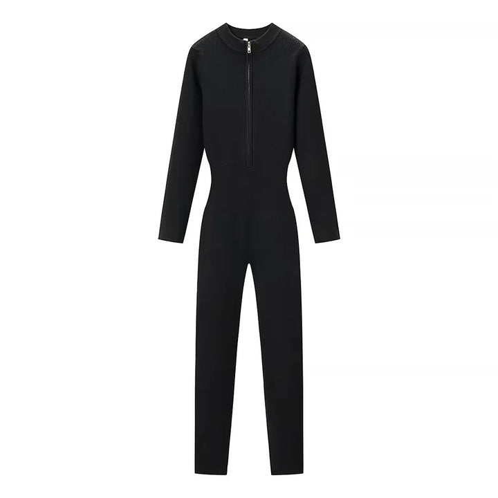 Women’s body-hugging ribbed jumpsuit with high collar and half-concealed zipper Mune Fashion