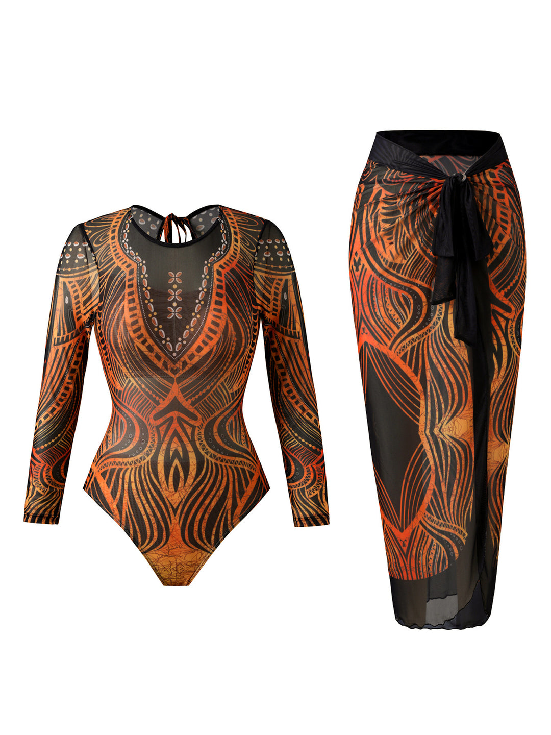 Women Elegant Swimsuit with Long Sleeve and Transparent Wrap Skirt Mune Fashion