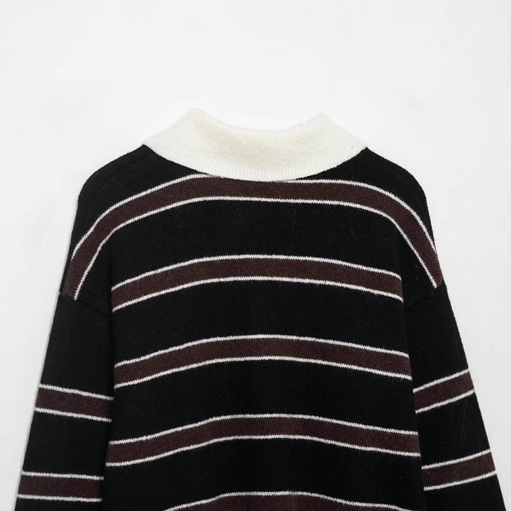 Ladies Striped Polo Collar Sweater made of soft textured knit with button placket Mune Fashion