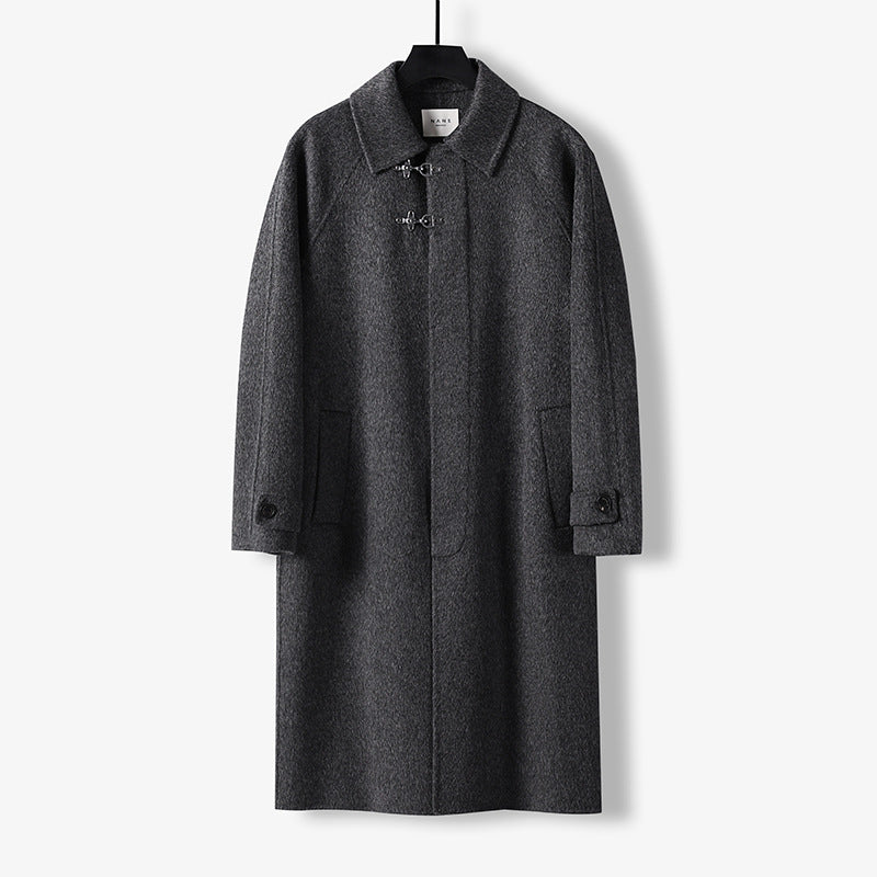 Men's Straight Wool Blend Long Coat with Concealed Front and Decorative Toggle Closures Mune Fashion