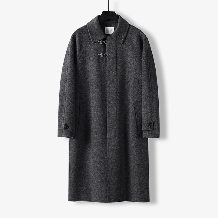Men's Straight Wool Blend Long Coat with Concealed Front and Decorative Toggle Closures Mune Fashion