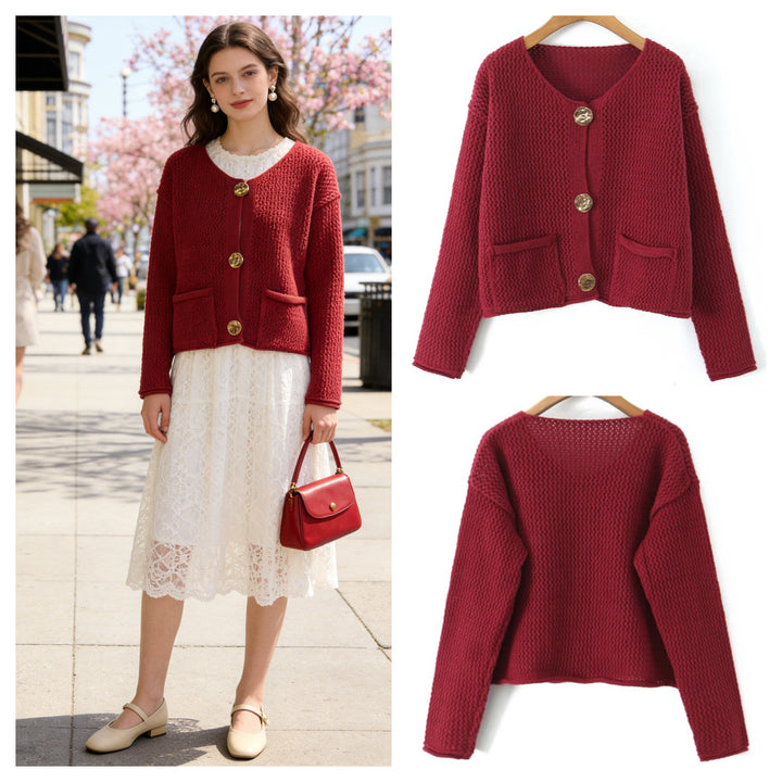 Ladies Light Open Hole Knit Cardigan with Decorative Buttons and Patch Pockets Mune Fashion