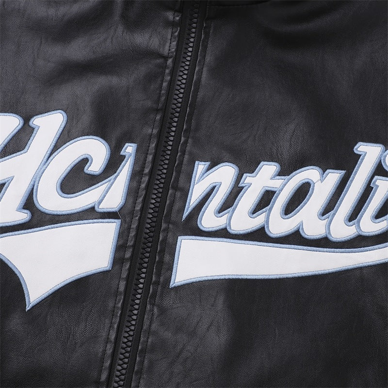 Men's Leather Look Bomber Jacket with Stand Collar, Logo Embroidery & Front Zip Mune Fashion